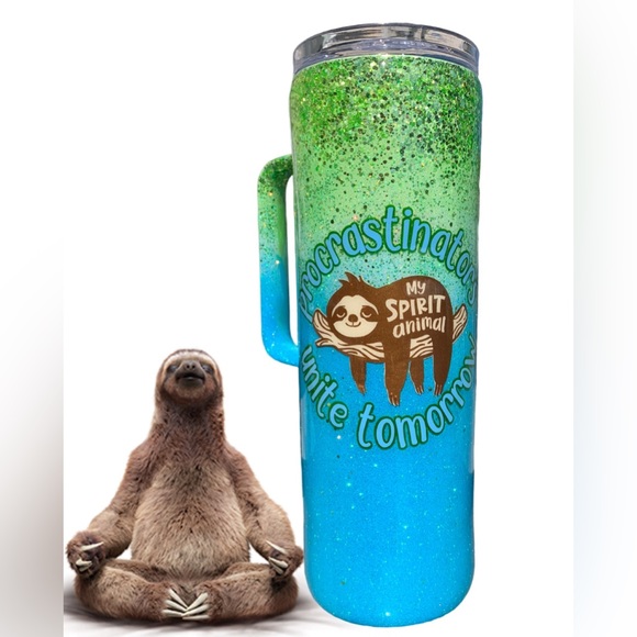 Procastrinators & sloths, spirit animals, funny 20oz skinny tumbler with handle - Picture 5 of 11